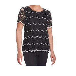 Romeo & Juliet Couture Lace Black with White Crochet Lace Trim Top, Size Large